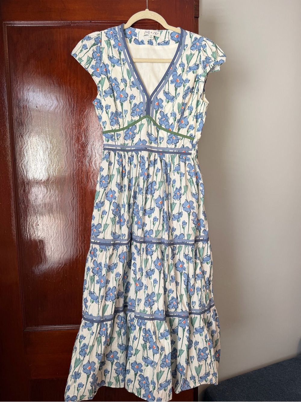 She + Sky Blue Floral Cotton Tiered Maxi Dress Size M